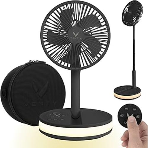 VENTY Original Portable Fan - Wireless Battery Operated Fan With 4 Speeds, LED Lighting, Carry Case & Remote Control - Premium Travel Rechargeable Fan & Power Bank With USB & USB-C Ports (Black)