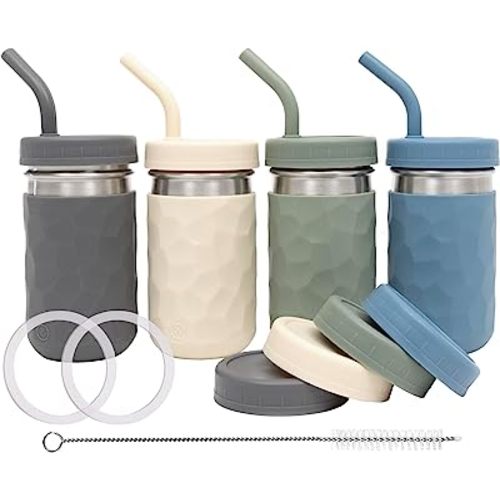WeeSprout 2-in-1 Drinking Cups for Kids, Durable Stainless Steel Tumbler for Smoothies, Silicone Straws with Stoppers, Premium Plastic Twist Lids, Easy-Grip Sleeves, Set of 4 Dishwasher Safe Kid Cups