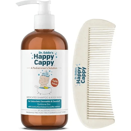 Happy Cappy Cradle Cap Medicated Shampoo and Body Wash with Comb - Baby Dandruff Shampoo, Helps Infants with Seborrheic Dermatitis, Reduces Flakes, Dermatologist Tested, Fragrance Free - 8 fl oz