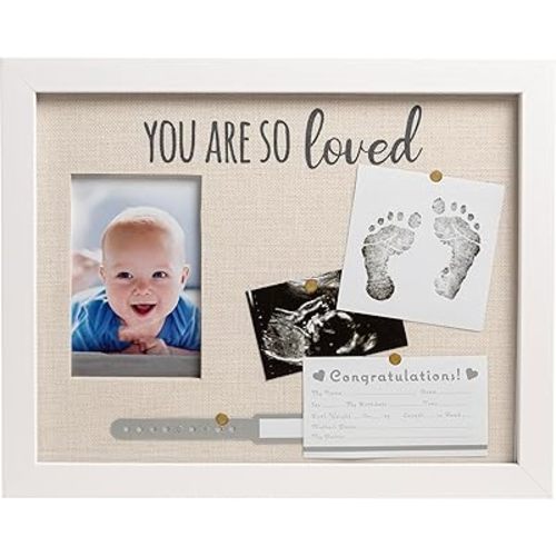 Kate & Milo You Are So Loved Shadowbox Frame, Newborn Keepsake Box, Baby Memento Frame, Baby Girl or Baby Boy Nursery Décor, Handprint and Footprint Ink Pad Included, Linen Mat, White