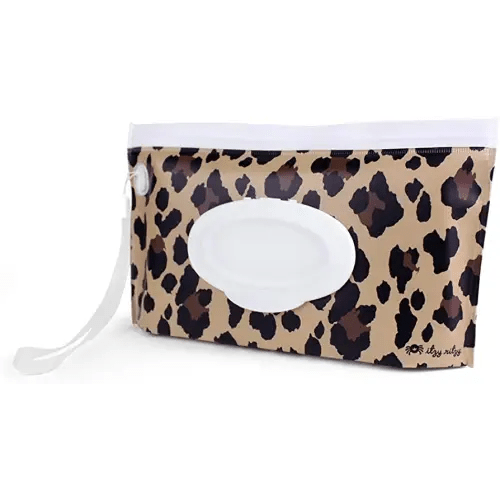 Itzy Ritzy Travel Wipes Case - Reusable Wipe Pouch – Take & Travel Pouch Holds Up To 30 Wet Wipes, Includes Silicone Wristlet Strap, Leopard