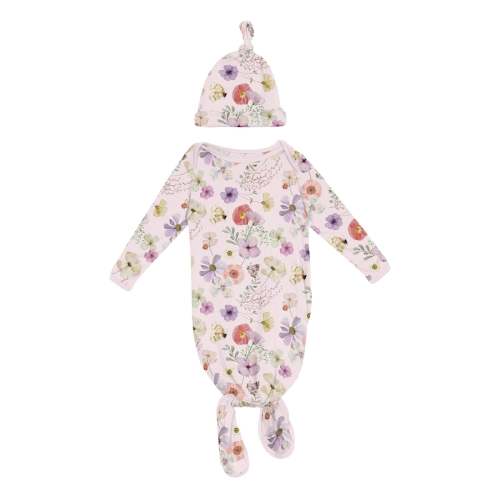 Print Knotted Layette Gown & Hat Set in Shrinking Violet Pressed Flowers