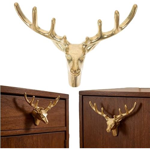 jojofuny Brass Deer Head Cabinet Handle Vintage Metal Drawer Pull Knob for Wardrobe Dresser Furniture Hardware Home Decoration, Artistic Luxury Design, Durable Brass Material for Living Room & Bedroo