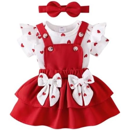 Baby Girl Clothes Newborn Romper Love Heart Print Short Sleeved Ruffled Bow Skirt Headband Outfits Set 0-18 Months