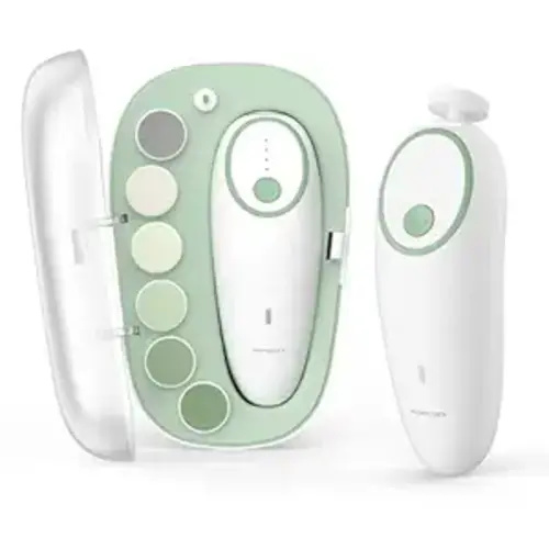 Momcozy Baby Nail File Electric, Gentle Baby Nail Trimmer Electric, Baby Nail Clipper with Night Light, 7 Grinding Head Replacement Pads, Green