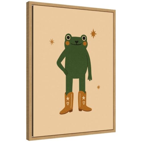 Kate and Laurel Frog in Cowboy Boots by Laura Moss Framed Canvas Wall Art Print, Sylvie Natural, 18x24