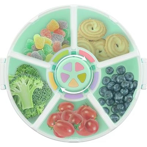 Kids Reusable Rotating Snack Container with 5 Separate Compartments, Color Matching Opening Lid,BPA/PVC-Free, Dishwasher Safe, Perfect for Travel, School Lunches & On-the-Go Snacking-Green