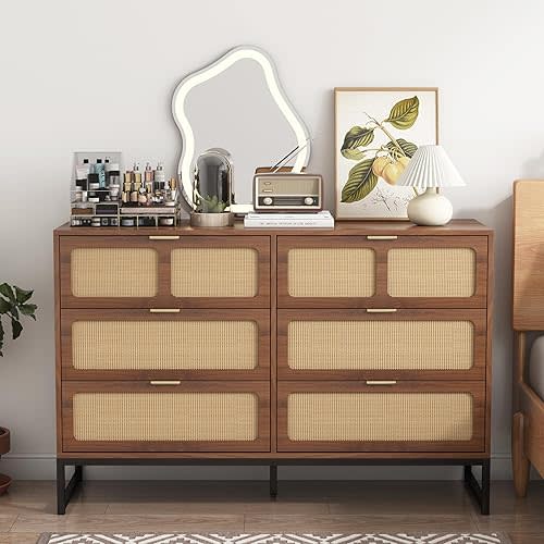 6 Drawer Rattan Dresser Modern Dresser with Rattan Drawers Farmhouse Wood Storage Chest of Drawers for Bedroom, Closet, Living Room, Entryway