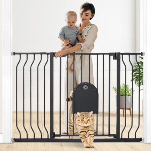 GOTGELIF Baby Safety Gate with Pet Door 29.5" to 48.4" Wide - Auto Close - Pressure Mount - Cat Door - Black
