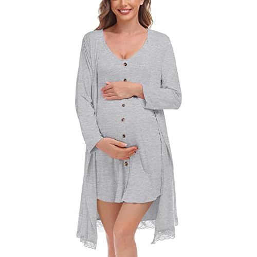 SWOMOG Womens Maternity Nursing Nightgown and Lace Robe Set 3 in 1 Labor Delivery Button Down Nursing Dress 2 Piece Sleepwear