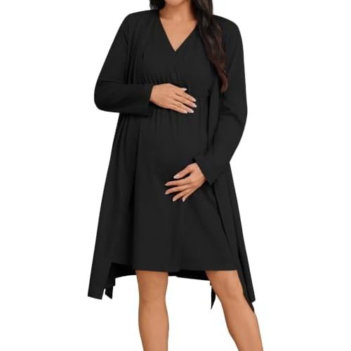 SWOMOG Women 100% Cotton Maternity Nursing Gown and Robe Set 3 in 1 Labor Postpartum Soft Nightgown for Breastfeeding