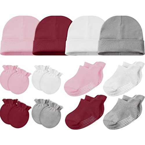 Boyiee 12 Pieces Baby Hats Mittens and Socks Set Newborn Hats Infant Caps No-Slip Ankle Socks