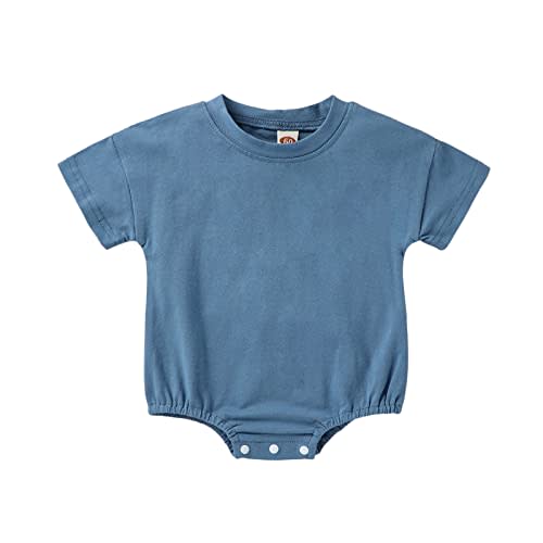 Comoraecos Unisex Baby Boy Girl Bubble Romper Short Sleeve Oversized Solid Romper T-Shirt Crewneck One-Piece Bodysuit Jumpsuit Tops Newborn Summer Clothes (Blue,3-6 Months)