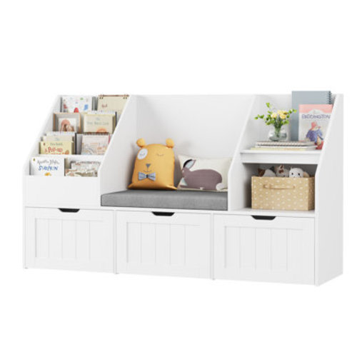 Winston Porter 55.1" W x 31.5"H 3-IN-ONE Kids Bookcase with 3 Drawers, Soft Cushion, 4-Layer Bookshelf, Reading Nook & Reviews | Wayfair