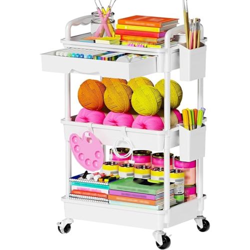 3-Tier Rolling Cart with Drawer & Lockable Wheels, Plastic Shelf Storage Organizer Cart – Easy Assembly, Waterproof Design for Kitchen, Bathroom, Office, White