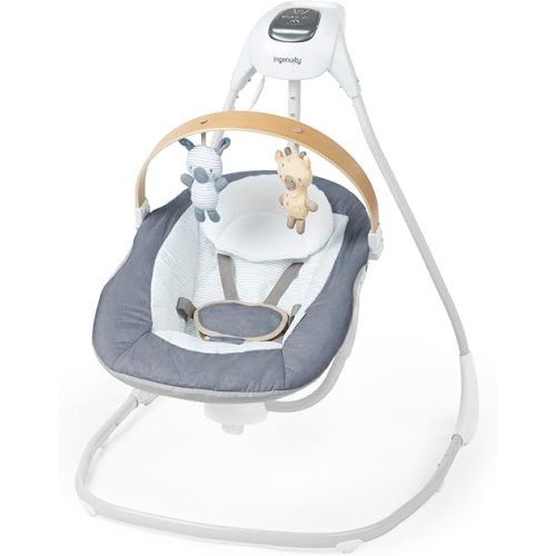 Ingenuity SimpleComfort Compact Soothing Swing, Rotating Bar, Rotating Seat, 6 Speeds, for Ages 0-9 Months, Up to 20 Pounds - Chambray