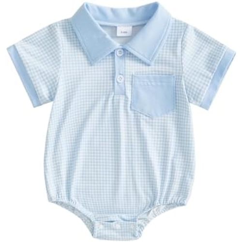 Newborn Baby Boy Summer Clothes Short Sleeve Lapel Button Romper Up Loose Fit Plaid Jumpsuit Infant Baby Boy Outfit