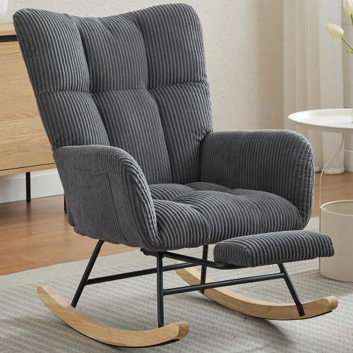 PAPROOS Rocking Nursery Chair with Footrest, Upholstered Glider Chair with High Backrest and Side Pocket, Fabric Rocker Accent Armchair for Nursery Bedroom Living Room, Dark Gray