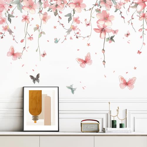 Buiory Removable Pink Flower Wall Decals - DIY Hanging Vine Floral Stickers, Peel and Stick Plants, Butterfly Murals for Baby Girls Nursery, Bedroom, Living Room, Sofa, TV Background