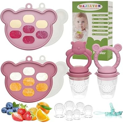 Baby Breastmilk Popsicle Molds & Baby Fruit Feeder (6 Pack), WAJIAYON Baby Food Freezer Tray Storage Containers, Silicone Teething Pacifier Feeder and Teether for Babies,Moss and Fawn Baby Feeder
