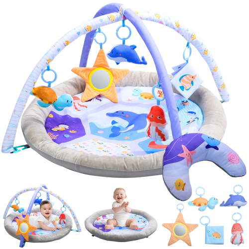 JoyStone Baby Gym Play Mat with 5 Detachable Toys, Washable Baby Activity Mat, Baby Gift for Newborn Infant 0-18 Months (Blue)