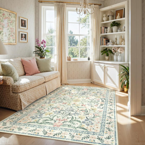 Kaldi Oriental Botanical Floral Machine Washable Area Rug with Non-Slip Backing for Living Room, Dining Room, Bedroom