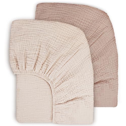 Susurration Muslin Crib Sheets 2Pack 100% Cotton 28x52inch Nursery Sheet Soft&Breathable Baby Fitted Bed Sheets for Standard Crib Mattress&Toddler Bed Mattress (Pink Peach)