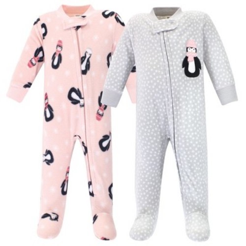 Hudson Baby Infant Girl Fleece Zipper Sleep and Play 2pk, Pink Penguin, 3-6 Months