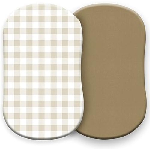 Pobibaby - 2 Pack Premium Bassinet Sheets for Standard Bassinets - Ultra-Soft Jersey Knit, Stylish Floral Pattern, Safe and Snug for Baby (Gingham Khaki)