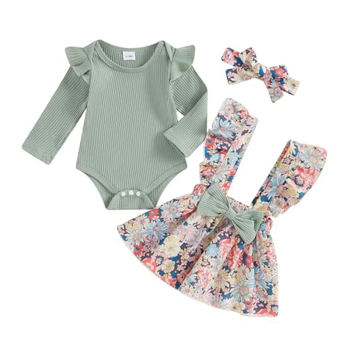 FOCUSNORM Newborn Baby Girl Outfit Long Sleeve Ribbed Romper + Bow Suspender Skirt + Headband Set Infant Fall Winter Clothes