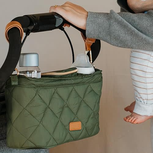 Beautiful Stroller Caddy Organizer With 2 Cup Holders – Luxury Quilted Stroller Organizer Bag, Universal Fit, Leather Straps & Zipper Pocket – Lightweight, Wipeable Must-Have Accessories for Moms
