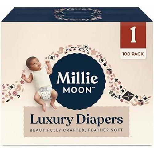 Millie Moon Luxury Diapers,Size 1, 100 Count, Absorbent, Keeps Baby Dry and Comfortable, Skin Safe Disposable Baby Diaper (Packaging May Vary)