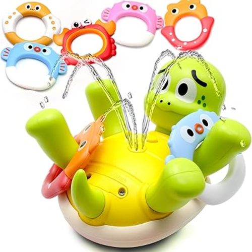 Swimming Turtles Bath Toy, Cute Baby Bath Toys with One-Touch Water Spray Button, Rechargeable Pool Bath Toys for Kids Ages 1-3, Toddler Bathtub Toys with 5 Rings, Water Toys for Toddlers 1-3 Gift