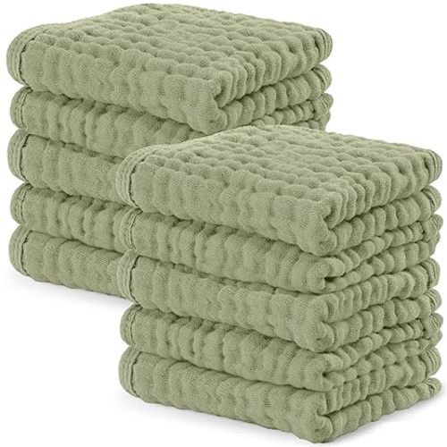 Comfy Cubs Muslin Baby Washcloths 10 Pack - Soft 6-Layer Cotton Wash Cloths for Sensitive Skin - 10"x10" Large, Gentle, Absorbent Infant Essentials for Newborn and Toddlers - Heather Blue