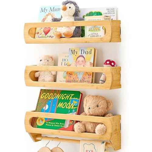 Floating Shelves for Wall, Premium Bamboo Wood, Fully Assembled - Nursery Book Shelves, Nursery Decor, Book Shelf for Kids Rooms, Wall Mounted Bookshelves, Set of 3 Natural