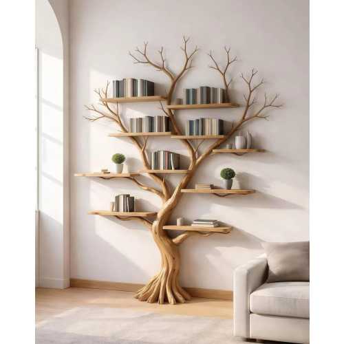 Hand Carved Tree Corner Bookshelf with Bench – Solid Wood Reading Nook Shelf, Rustic Tree Bookcase, Nature Inspired Library Seating