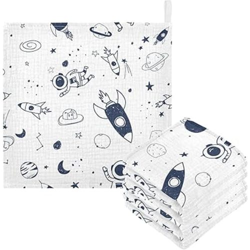 Space Rocket Muslin Baby Hand Washcloths, Soft Cotton Bath Face Towel, 4 Layers Extra Absorbent Feeding Burp Cloth for Newborn Infant, 5 Pack