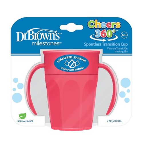 Dr. Brown's Milestones Cheers 360 Cup Spoutless Transition Cup with Handles for Easy Grip & Leak-Free Learning, Pink, 7oz/200mL, 6m+ (Colors May Vary)