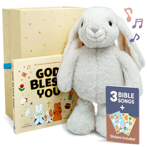 Praise Bunny Gift Set - 11” Musical Plush Toy with 3 Bible Songs, Hardcover Book, Keepsake Box & Stickers - Christening and Baptism Gift for Girls, Boys, Infants, Toddler, Babies - Easter & Dedication