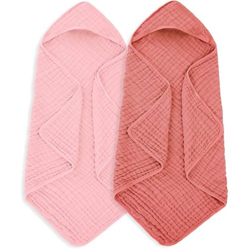Muslin Hooded Baby Towels 100% Cotton ，Super Soft Muslin Baby Bath Towel - 32 x 32 Inches, Suitable for Newborn and Young Children up to 3 Years Old. (Light Pink & Dark Pink)