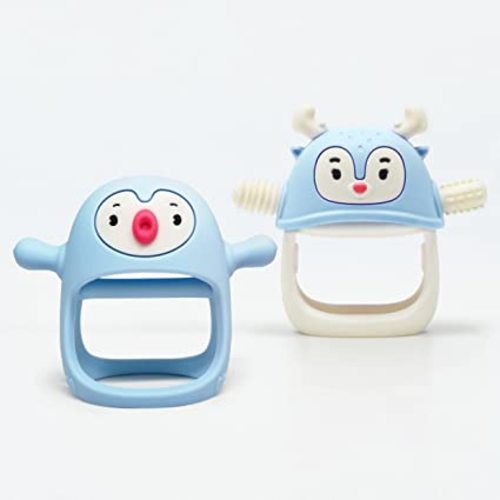 Smily Mia Penguin Buddy Soothing Teether & Reindeer Chewing Toy, Never Drop Hand Teether 2 in 1 Set for 0-18months Teething Babies, Light Blue