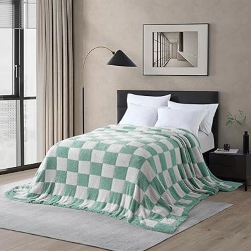 Oversized King Checkered Blanket for Couch - Super Soft Extra Large Throw Blankets for Bed, Fluffy Fuzzy Plush Lightweight Cozy Blanket,120" x 120",Sage Green