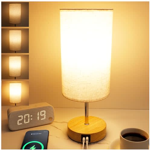 Bedside Table Lamp for Bedroom - 3 Way Dimmable Touch Lamp with USB and Type-C Charge Port, Small Wood Base Round Flaxen Fabric Shade Lamp Living Room,Bedroom Use(Yellow Color Base)