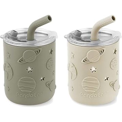 PandaEar 2 Pack Stainless Steel Toddler Cups with Lids & Silicone Sleeves | 8.8 oz Spill Proof Sippy Cups with Straw Stopper & Teething-Friendly Straws for Kids & Babies (Beige & Khaki)