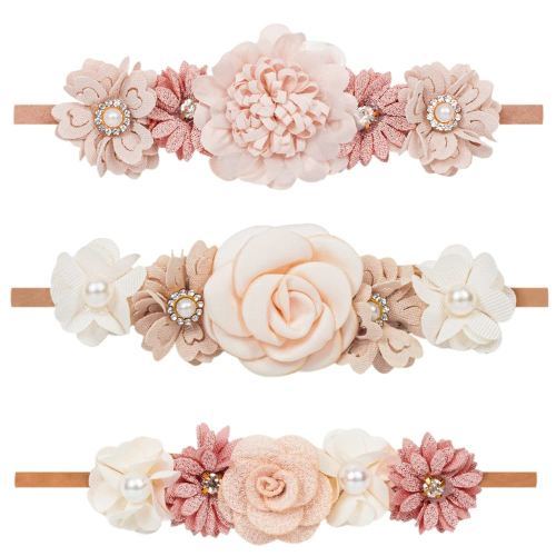 Baby Girls Floral Headbands Set-Flower Crown Elastic Hairband for Newborn Toddler Hair Accessories (Pack of 3)