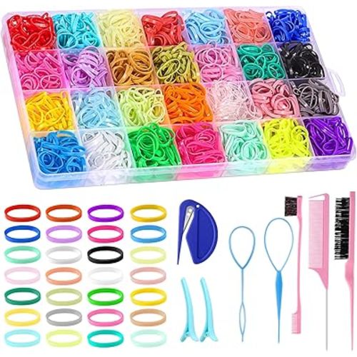 BESARME 28 Colors Rubber Bands for Hair with 7 Hair Styling Tools, 2100 Pcs Colorful Elastic Hair Ties Ponytail Holders Hair Accessories for Girls Baby Toddler Christmas Gifts