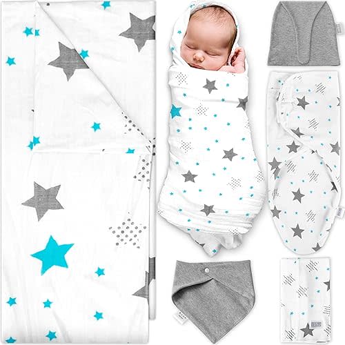 Ocean Drop Designs Newborn Essentials Must Haves (100% Cotton) - 5pc Set Includes Receiving Blankets for Boys, Hat, Bib, Burp Cloth & Swadle