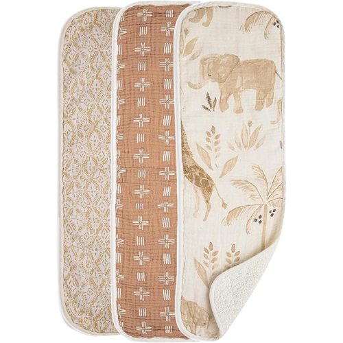Crane Baby Muslin Baby Burp Cloths, Lightweight Absorbent Burp Cloth, Safari Animal, Set of 3, 7" x 20", Newborn Baby Essentials, Burp Cloths Baby Boy, Burp Cloths Baby Girl, Baby Newborn Essentials