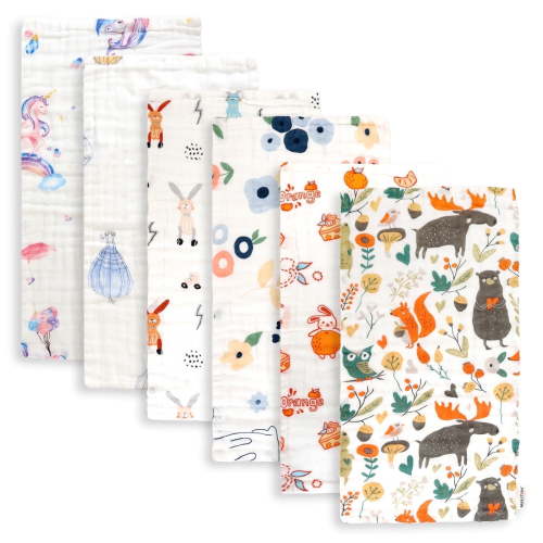 Maliton 6 Pack Muslin Baby Cotton Burp Cloths for Boys & Girls - 6 Layers Cotton Super Soft and Absorbent - 20"L x 10"W - White Fairy