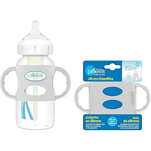 Dr. Brown's Milestones 100% Silicone Baby Bottle Handles, Wide-Neck, Removable Easy-Grip Transitional Sippy Cup Handles, Gray, 4m+, 1 Pack